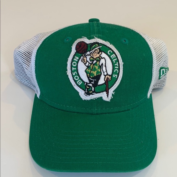 Youth New Era NBA Boston Celtics Green and White Mesh Back Ball Cap Trucker Hat - Picture 1 of 6